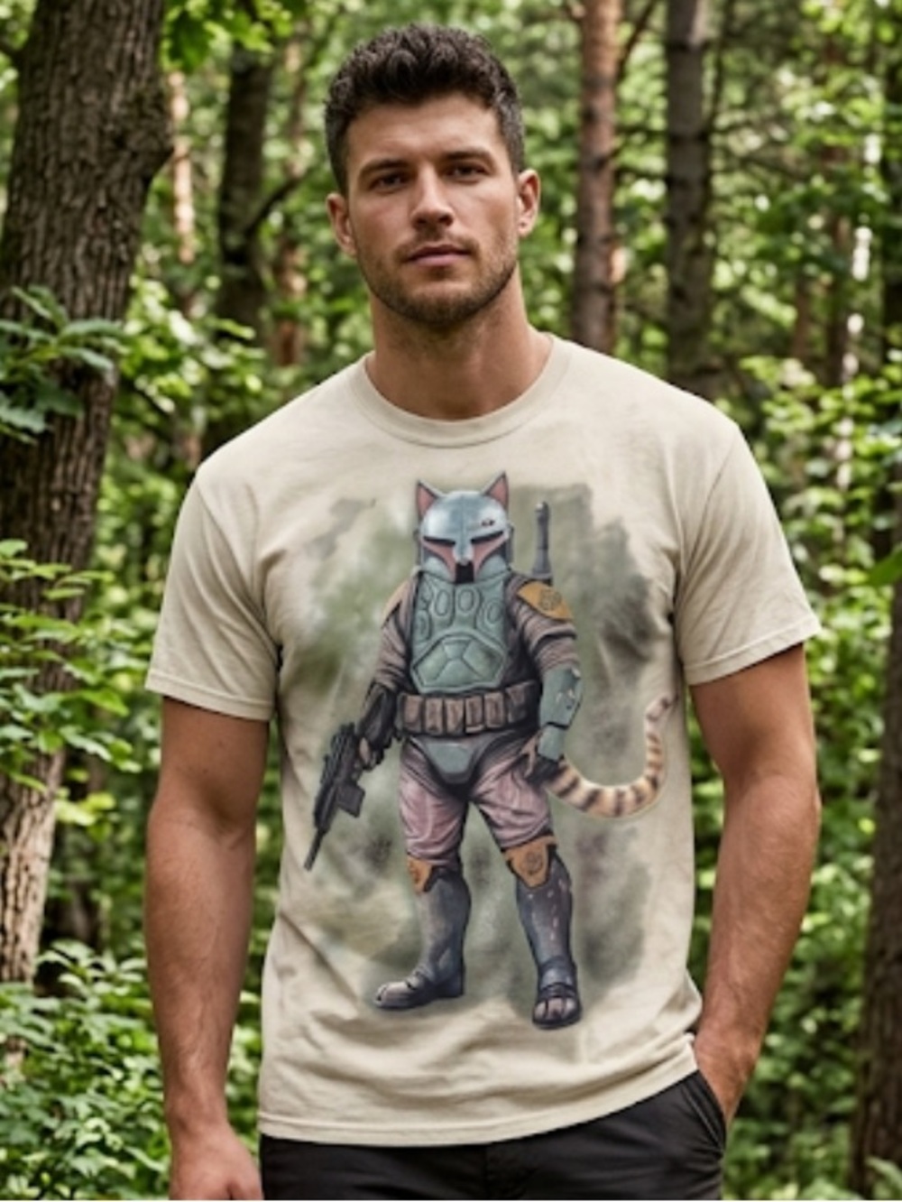 Cat Bounty Hunter T-Shirt in Tan and Green